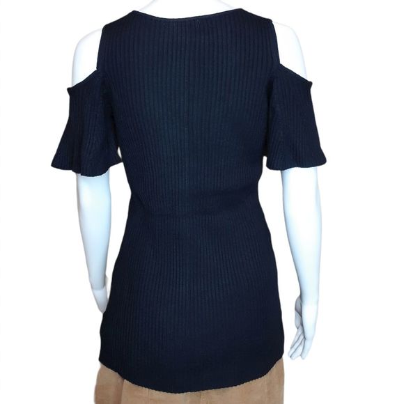 Roaman's Black Ribbed Sweater Material Cold Shoulder Bodycon Tunic Top 12 NWOT - Picture 8 of 9